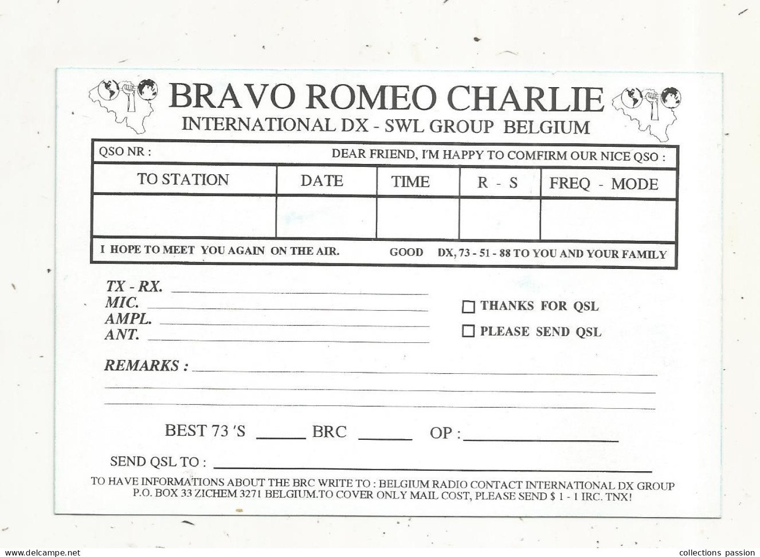 Cp , Carte QSL,  BRAVO ROMEO CHARLIE, International DX - SWL Group Belgium, EUROPE,  2 Scans - Radio Amatoriale