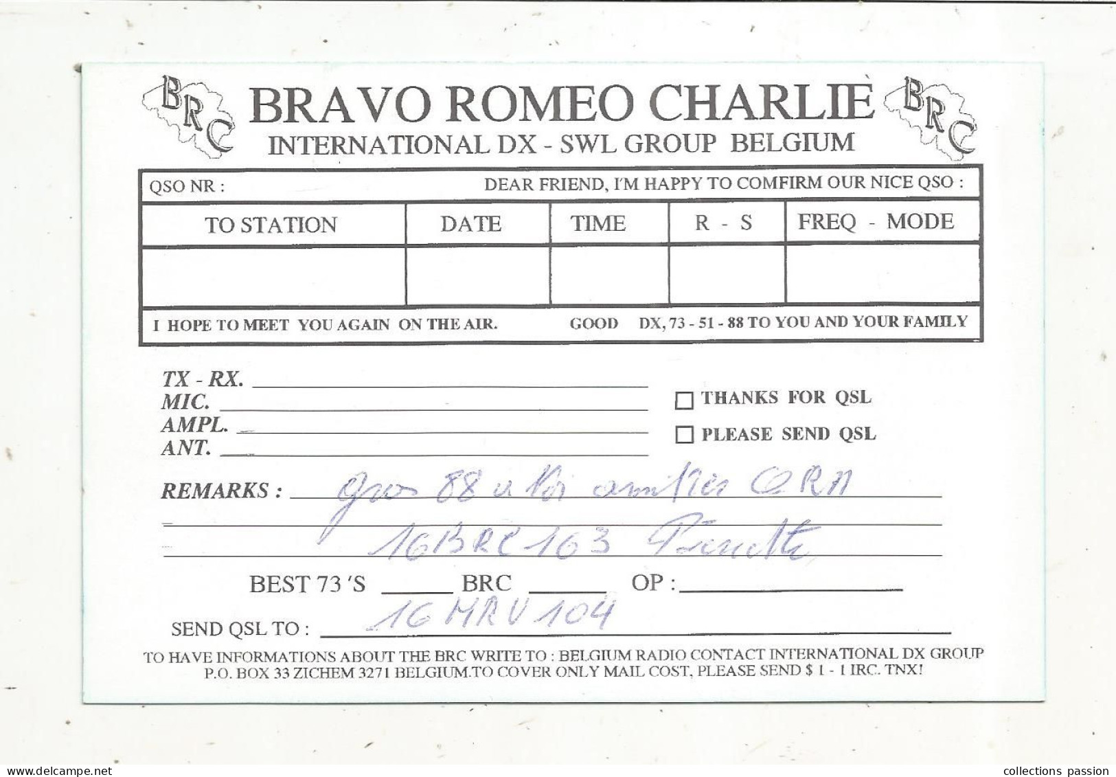 Cp , Carte QSL,  BRAVO ROMEO CHARLIE, International DX - SWL Group Belgium, GLOBE, TERRE,  2 Scans - Radio Amateur