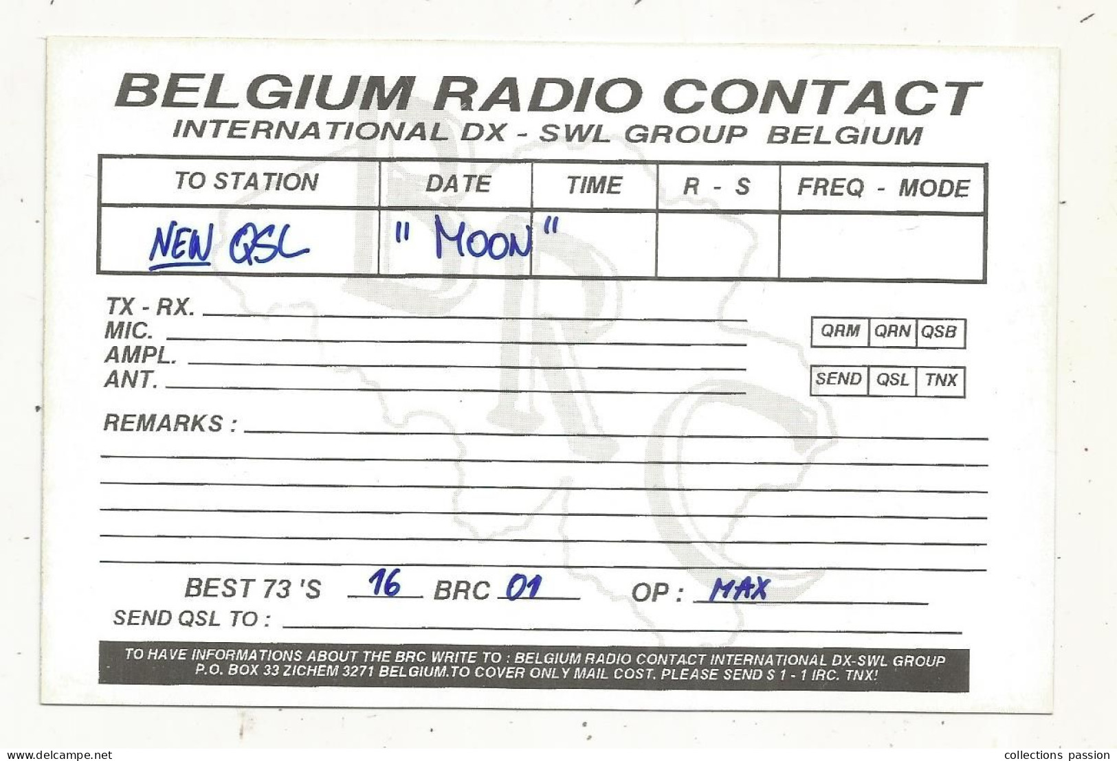 Cp , Carte QSL,  BRAVO ROMEO CHARLIE, International DX - SWL Group Belgium, Lune , Moon,  2 Scans - Radio Amatoriale