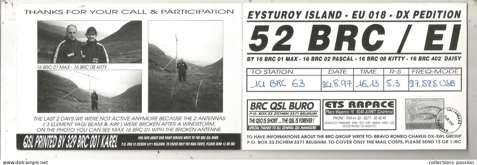 Cp , Carte QSL 4 Pages,  BRAVO ROMEO CHARLIE, International DX - SWL Group Belgium, Faroe Island,  2 Scans - Radio Amateur