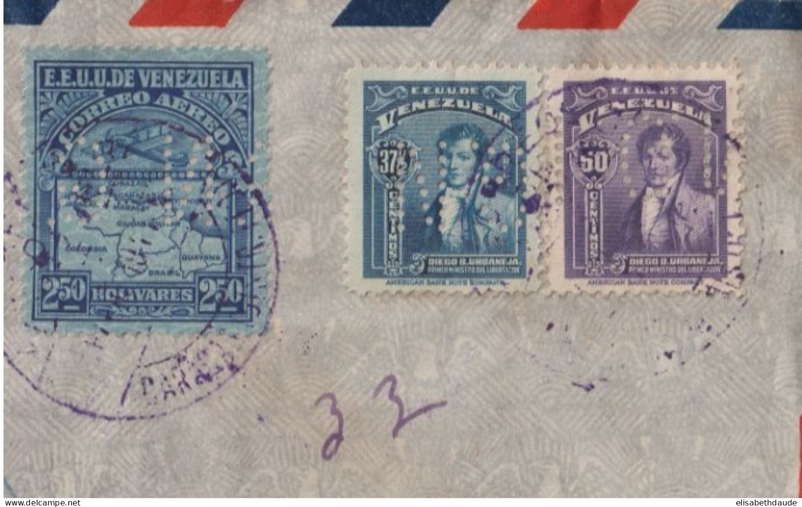 VENEZUELA - 1941 - PERFORES / PERFIN "G.N" ! TIMBRES SERVICE / ENV. RECOMMANDEE De CARACAS  => CONSULAT De MARSEILLE - Venezuela