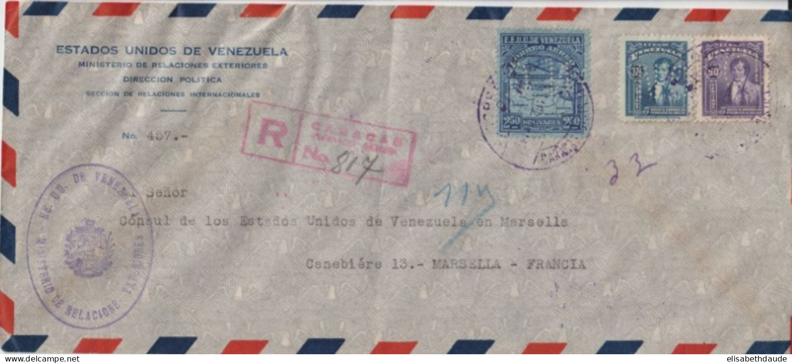 VENEZUELA - 1941 - PERFORES / PERFIN "G.N" ! TIMBRES SERVICE / ENV. RECOMMANDEE De CARACAS  => CONSULAT De MARSEILLE - Venezuela