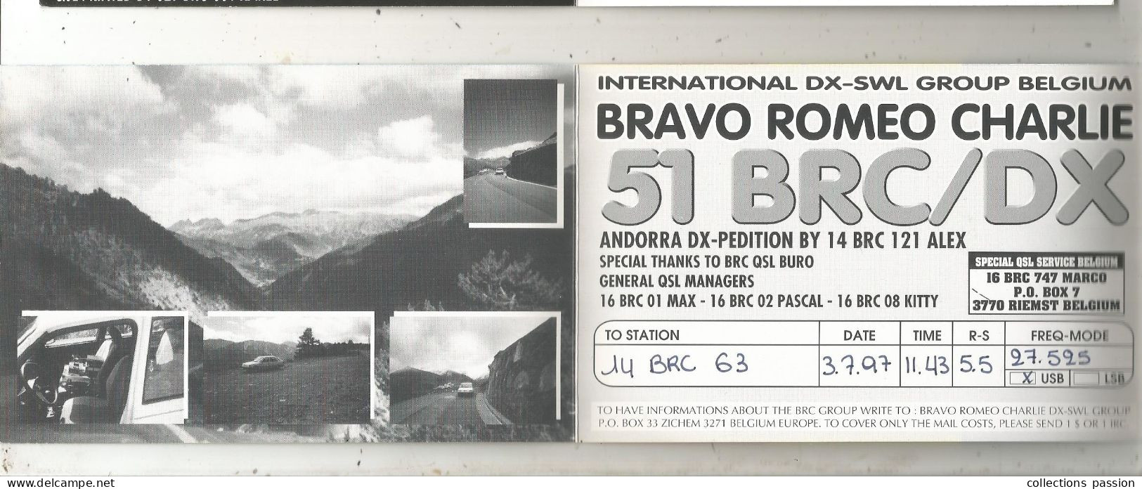 Cp , Carte QSL 4 Pages,  BRAVO ROMEO CHARLIE, International DX - SWL Group Belgium, Andorra ,Andorre,  2 Scans - Radio Amatoriale