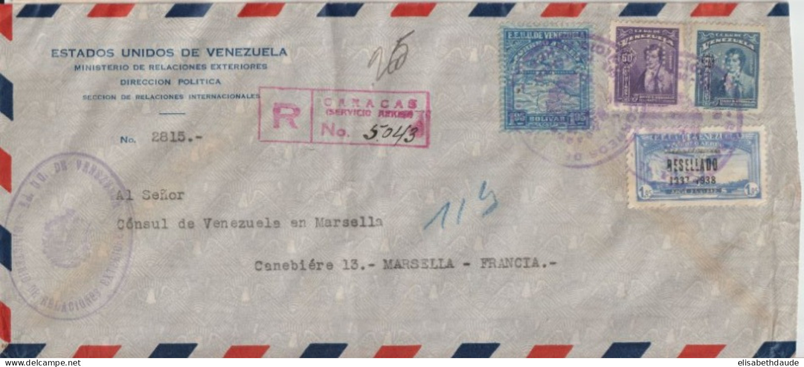 VENEZUELA - 1941 - PERFORES / PERFIN "G.N" ! TIMBRES SERVICE / ENV. RECOMMANDEE De CARACAS  => CONSULAT De MARSEILLE - Venezuela