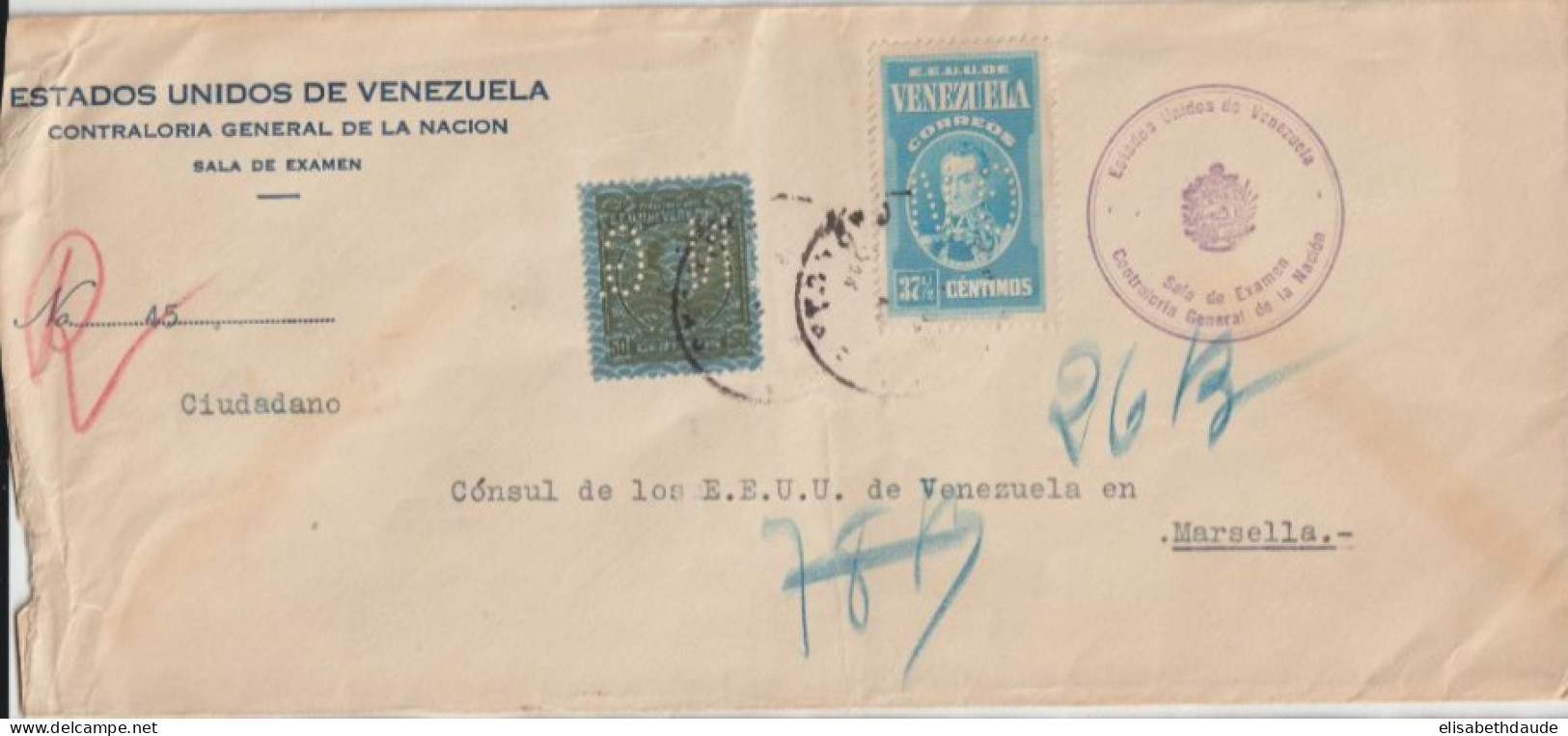 VENEZUELA - 1941 - PERFORES / PERFIN "G.N" ! TIMBRES SERVICE / ENV. RECOMMANDEE De CARACAS  => CONSULAT De MARSEILLE - Venezuela