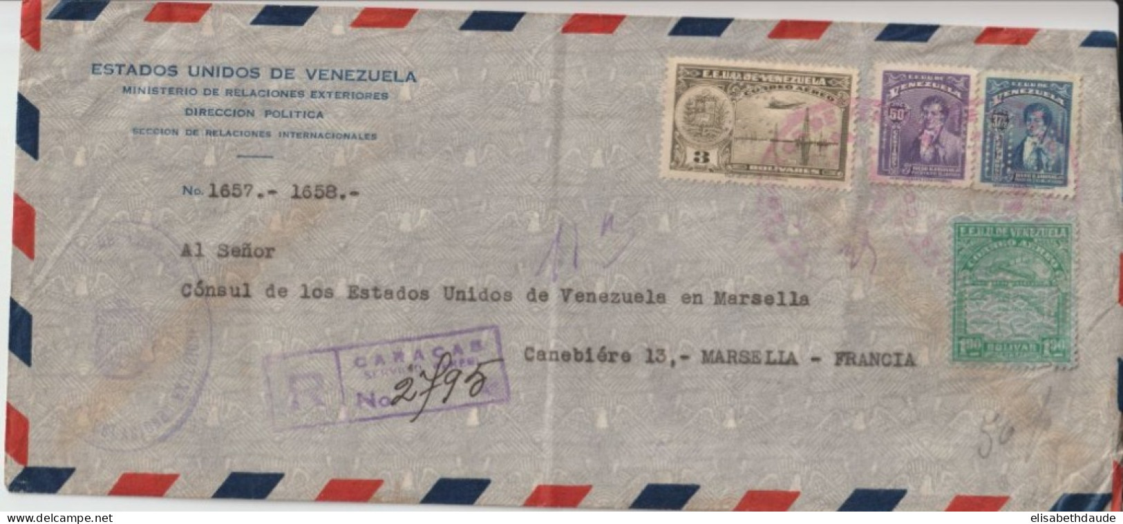 VENEZUELA - 1941 - PERFORES / PERFIN "G.N" ! TIMBRES SERVICE / ENV. RECOMMANDEE De CARACAS  => CONSULAT De MARSEILLE - Venezuela