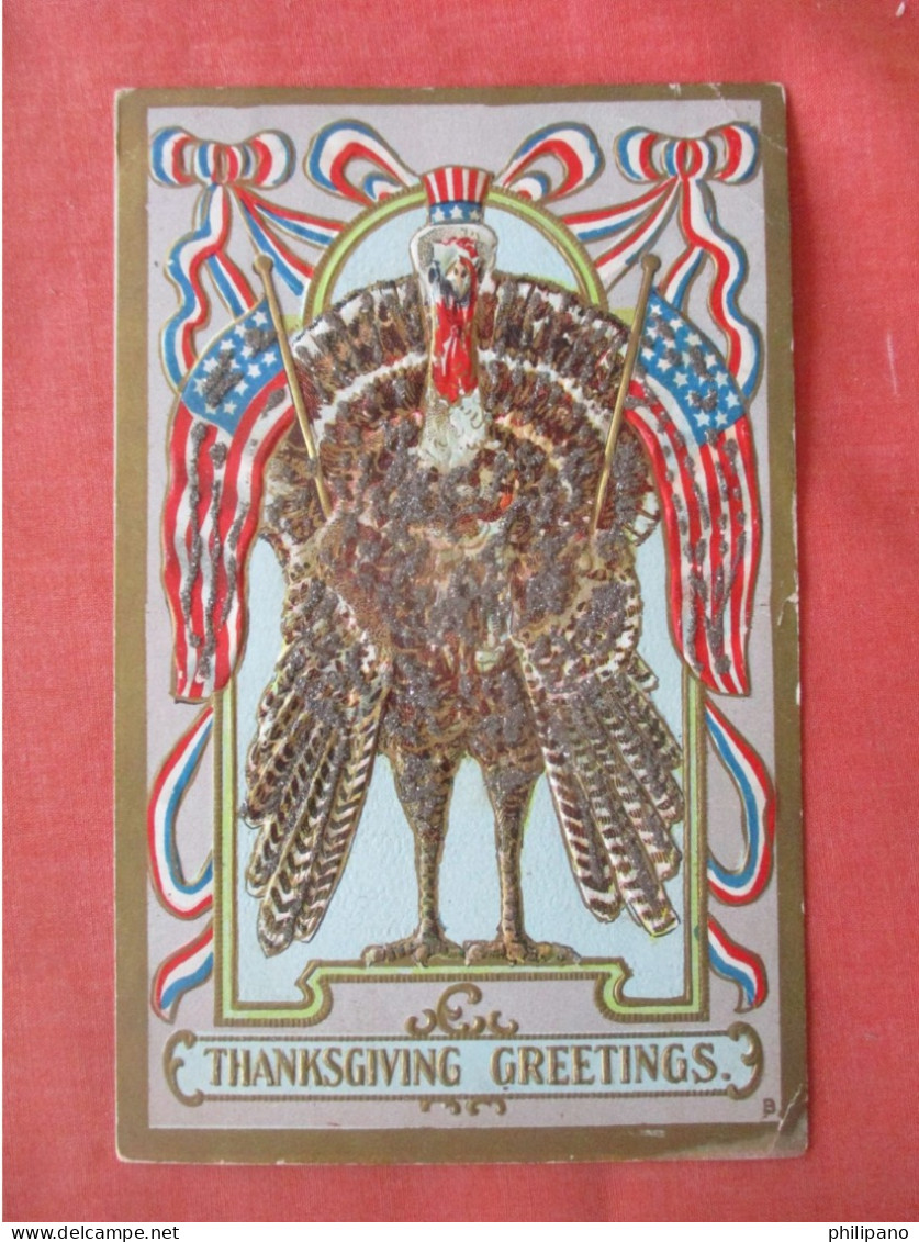 Thanksgiving  Embossed.  Glitter Added. Turkey With Uncle Sam Hat.      Ref 5969 - Thanksgiving