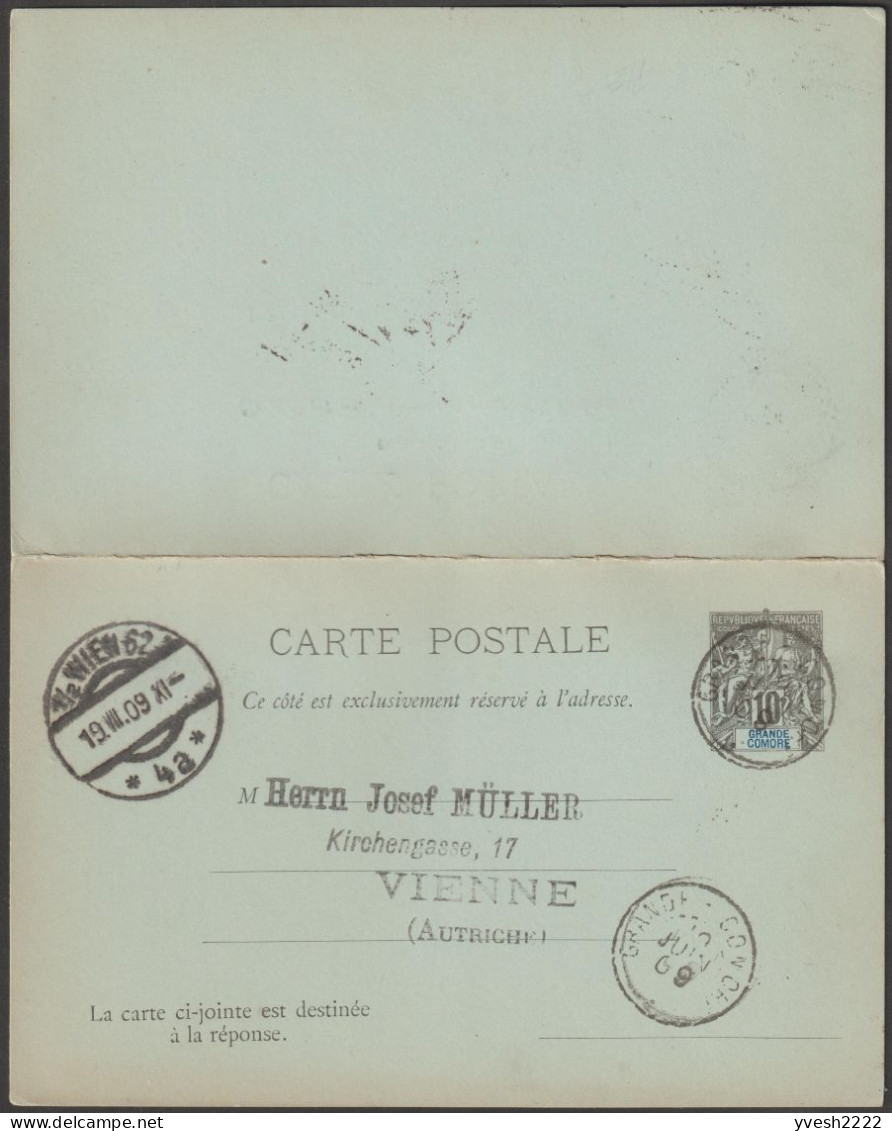 Grande Comore 1901 Entier Postal  Carte Avec Réponse Payée Allégorie 10 C Cachet D'arrivée à Wien Vienne, ACEP CP 6 - Cartas & Documentos