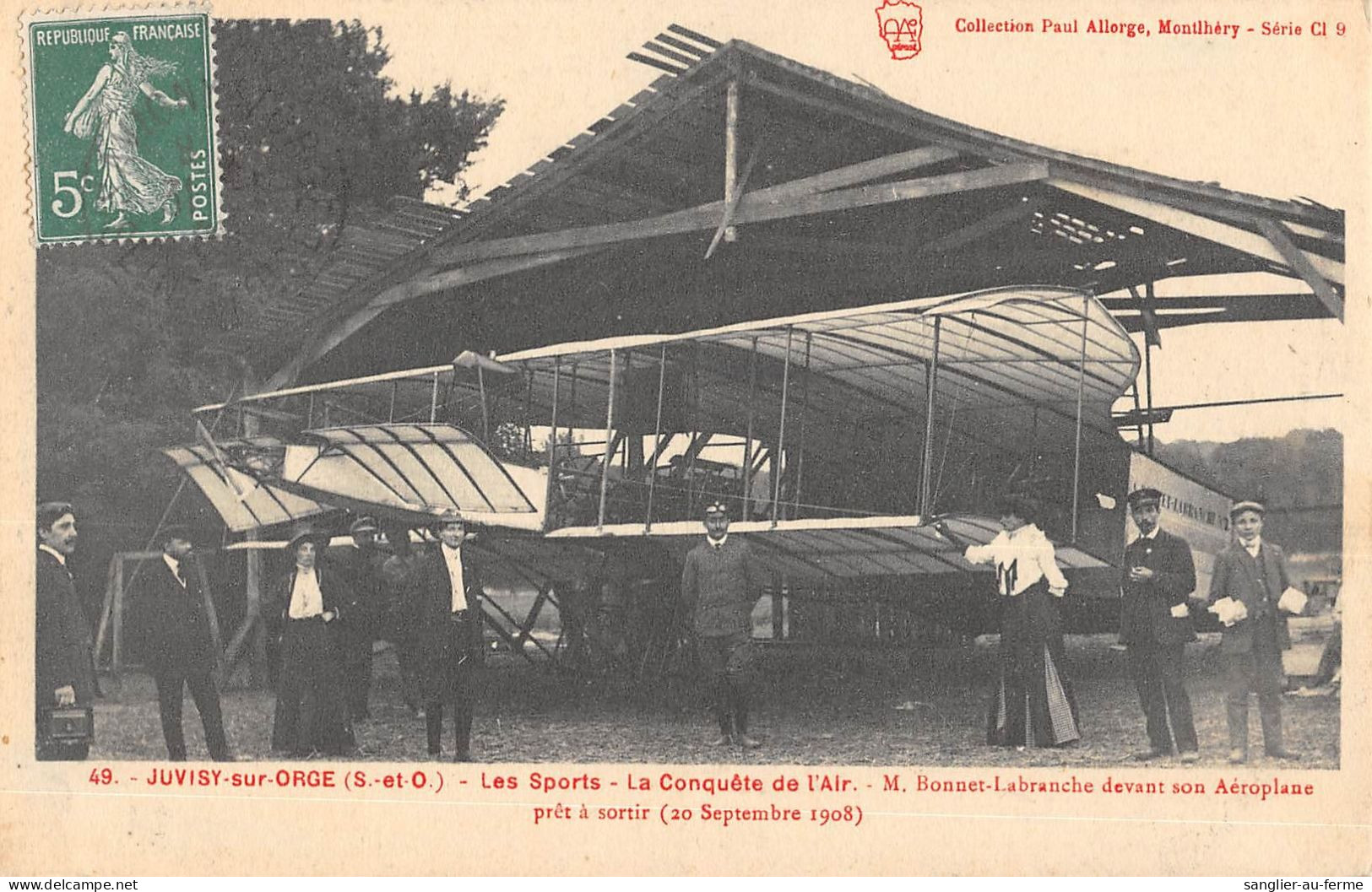 CPA 91 JUVISY SUR ORGE / LES SPORTS / AVIATION / BONNET LABRANCHE DEVANT SON AEROPLANE 1908 - Juvisy-sur-Orge