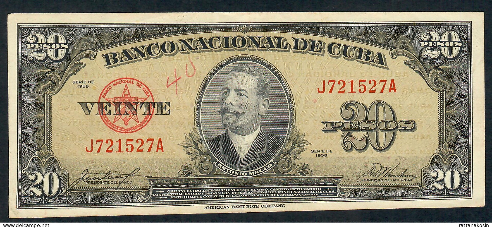 CUBA P80b 20 PESOS 1958   VF - Cuba