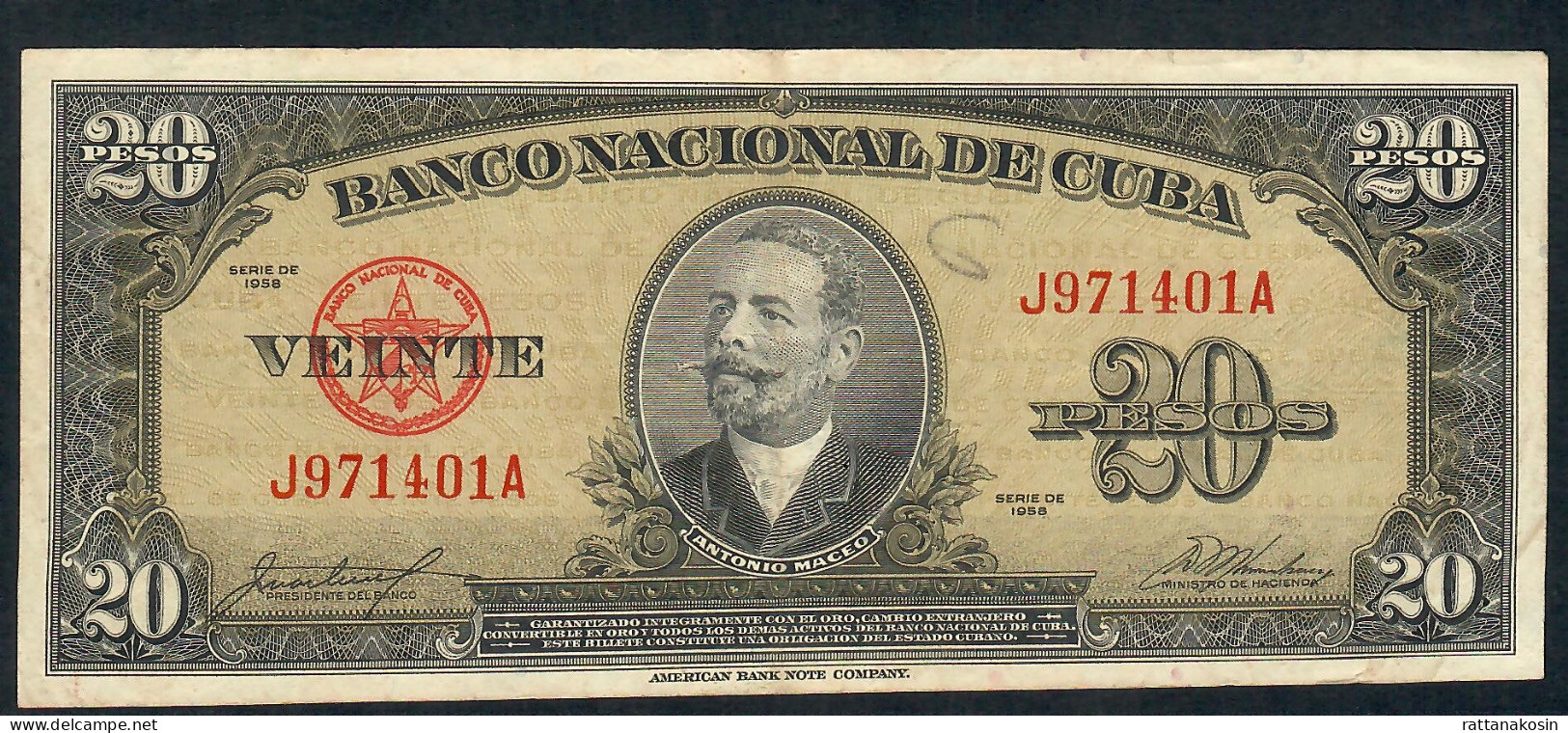 CUBA P80b 20 PESOS 1958   VF - Cuba