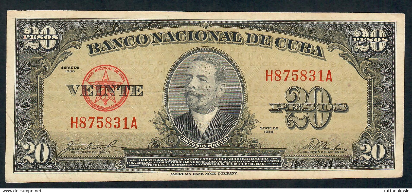 CUBA P80b 20 PESOS 1958   VF - Cuba