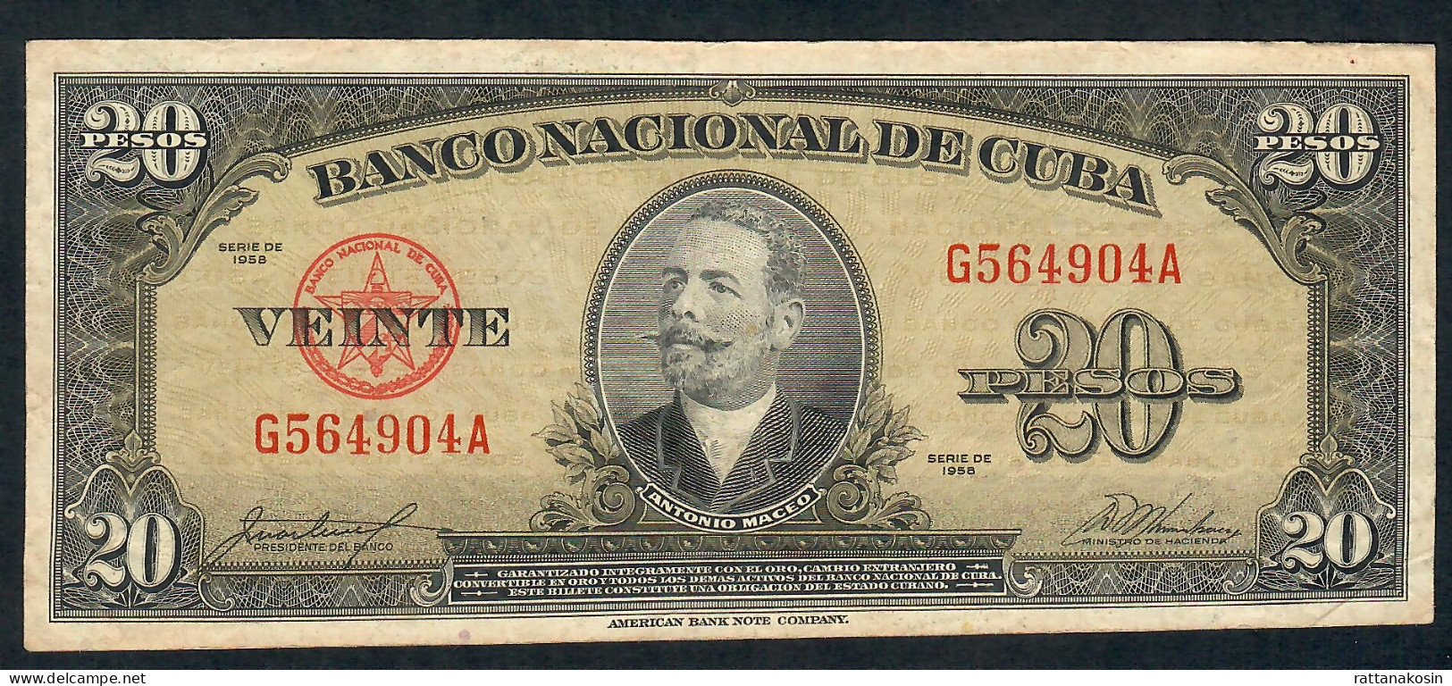 CUBA P80b 20 PESOS 1958   VF - Cuba