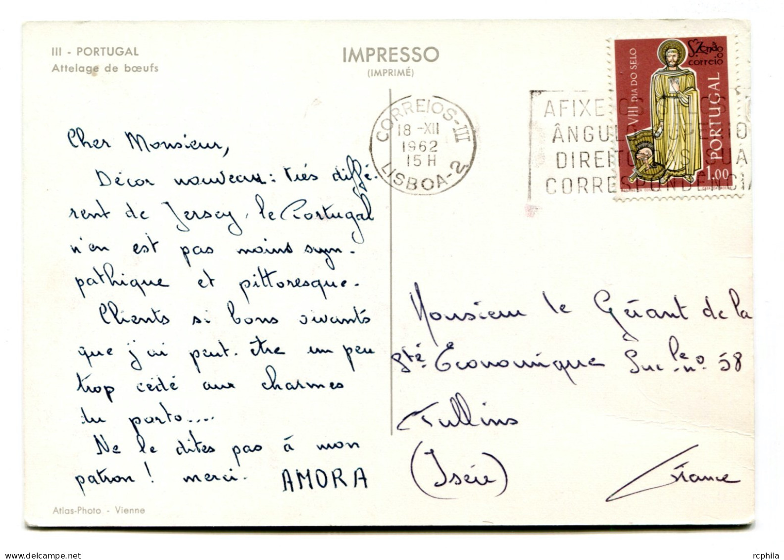 RC 24760 PORTUGAL 1962 CROISIERE AMORA CARTE PUBLICITAIRE D UN ATTELAGE DE BOEUFS POUR TULLINS ISERE FRANCE - Marcophilie