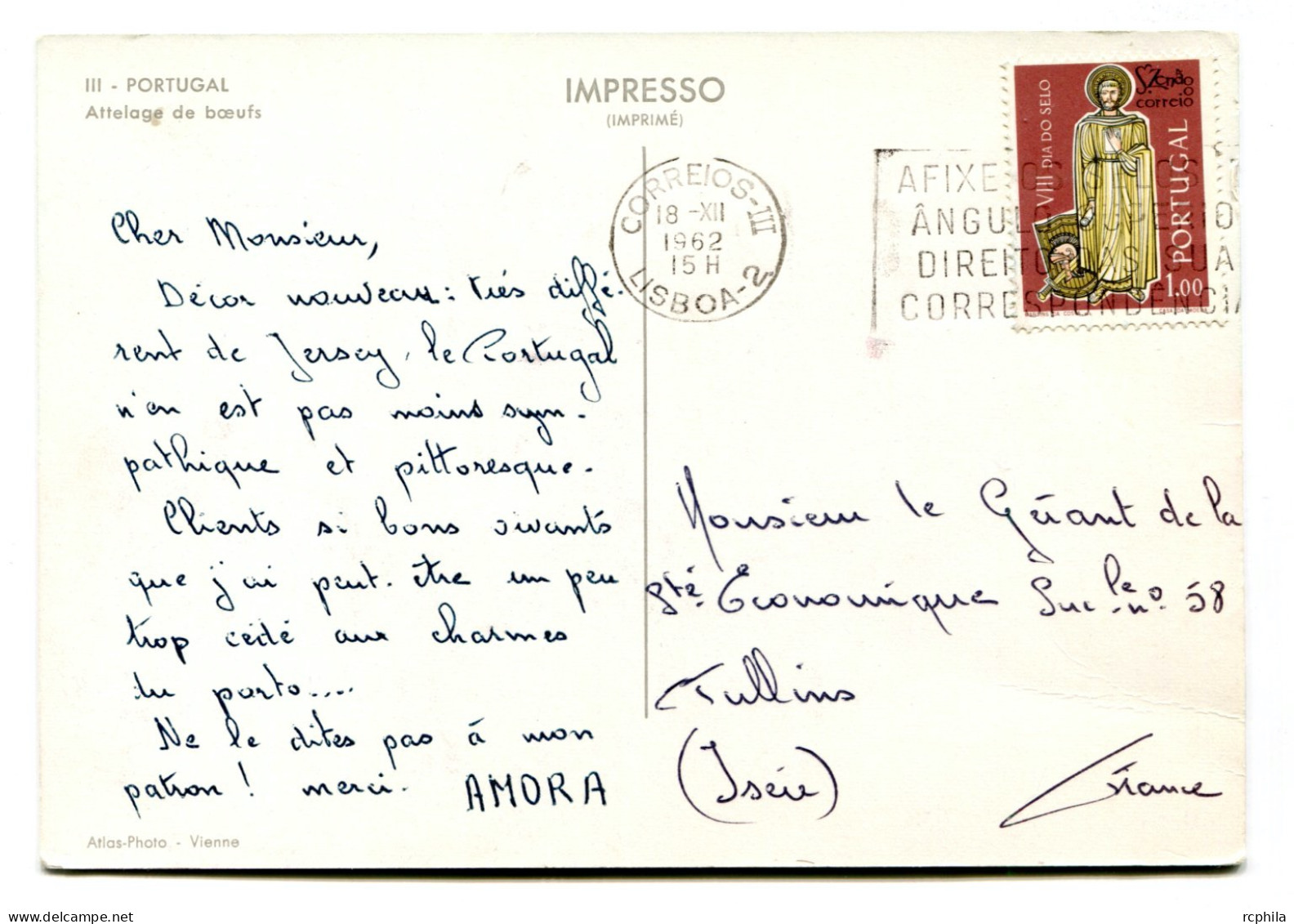 RC 24760 PORTUGAL 1962 CROISIERE AMORA CARTE PUBLICITAIRE D UN ATTELAGE DE BOEUFS POUR TULLINS ISERE FRANCE - Postmark Collection
