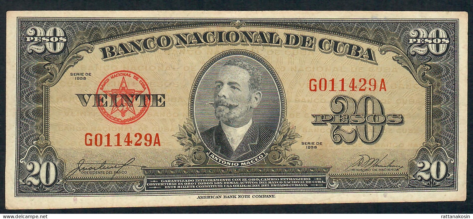 CUBA P80b 20 PESOS 1958  Writings Back  VF - Cuba