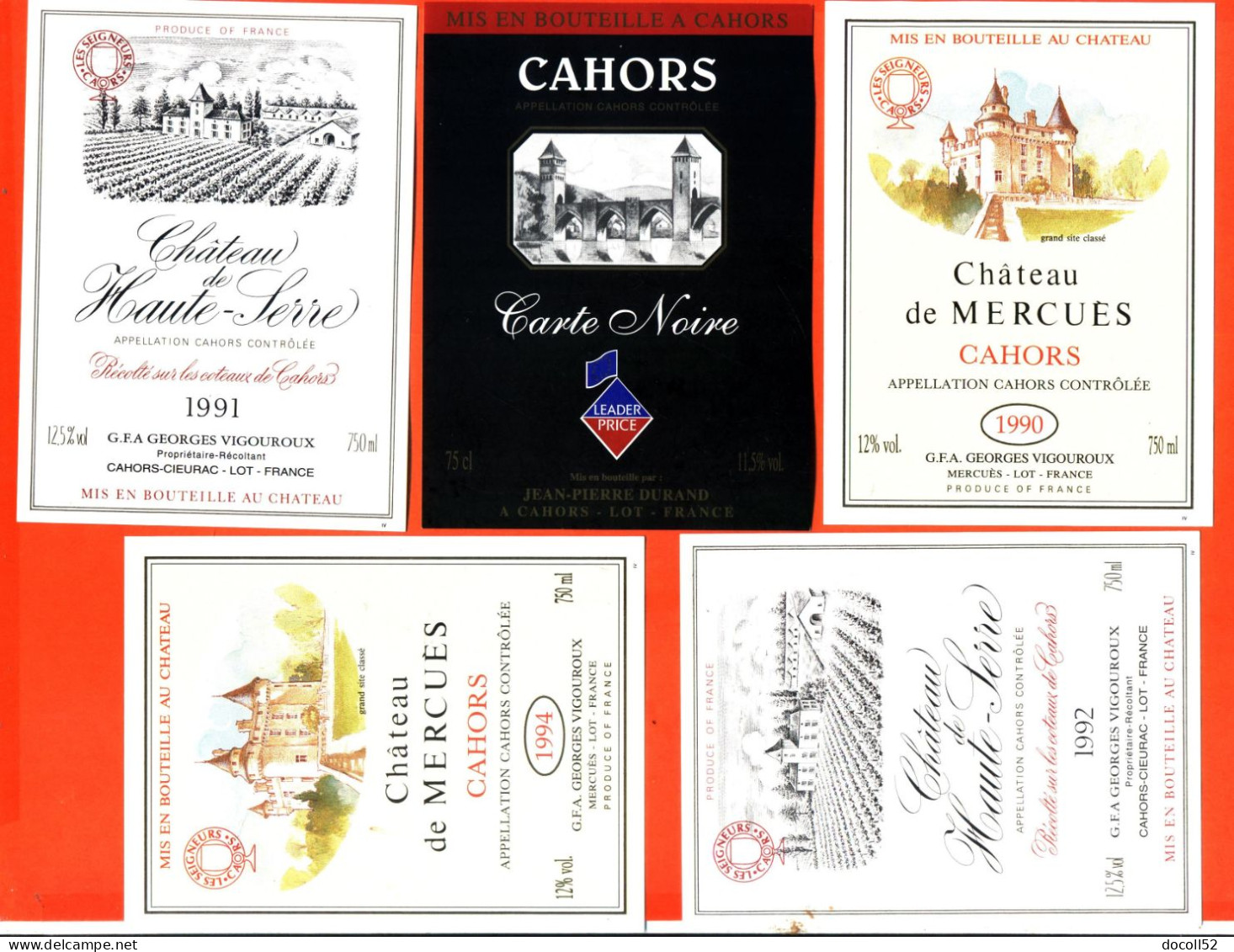 LOT DE 50 ETIQUETTES NEUVES DE VIN DE CAHORS MILLESIMES DIFFERENTS DE 1986 A 1997 - TOUTES SCANNEES