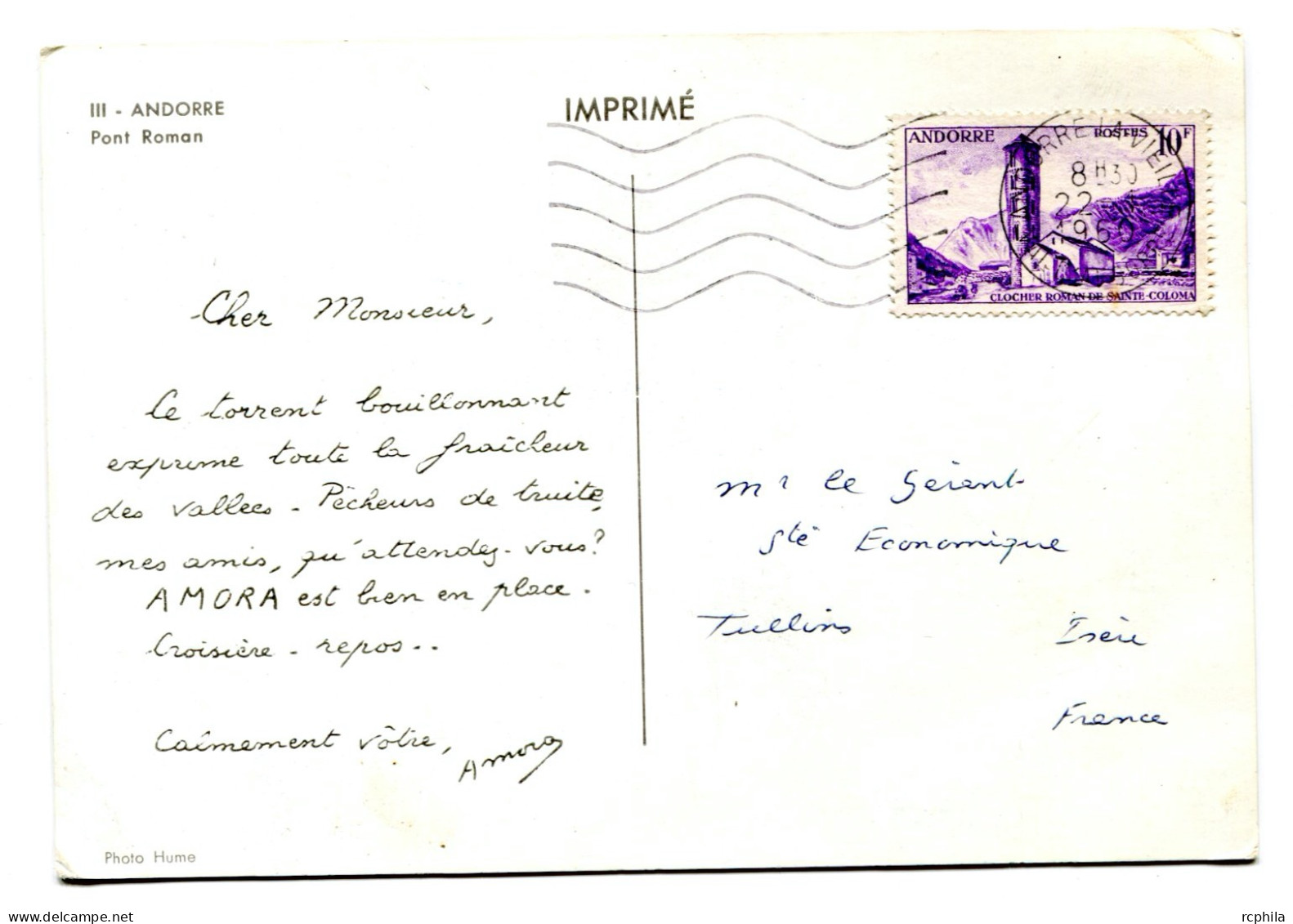 RC 24761 ANDORRE 1960 CROISIERE AMORA CARTE PUBLICITAIRE - PONT ROMAIN - POUR TULLINS ISERE FRANCE - Covers & Documents