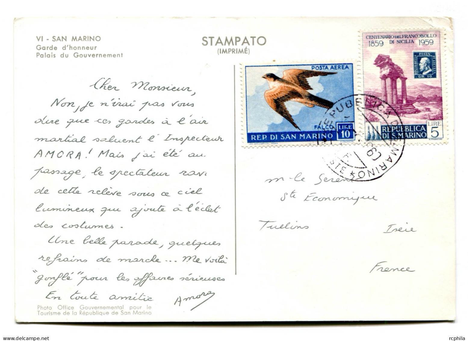 RC 24763 SAINT MARIN 1960 CROISIERE AMORA CARTE PUBLICITAIRE - GARDE D'HONNEUR - POUR TULLINS ISERE FRANCE - Cartas & Documentos
