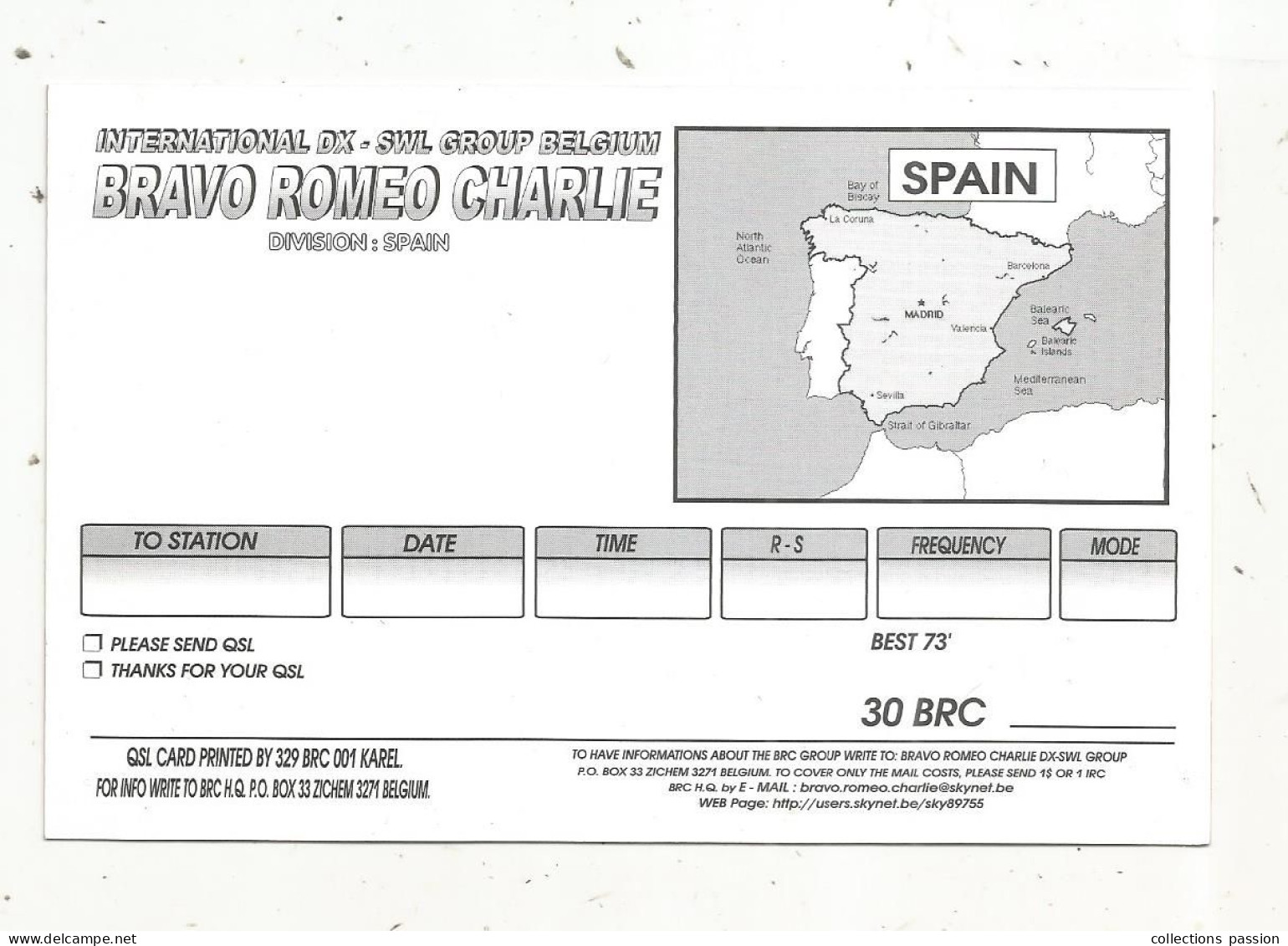 Cp , Carte QSL 4 Pages,  BRAVO ROMEO CHARLIE, International DX - SWL Group Belgium, SPAIN, ESPAGNE,  2 Scans - Radio Amateur