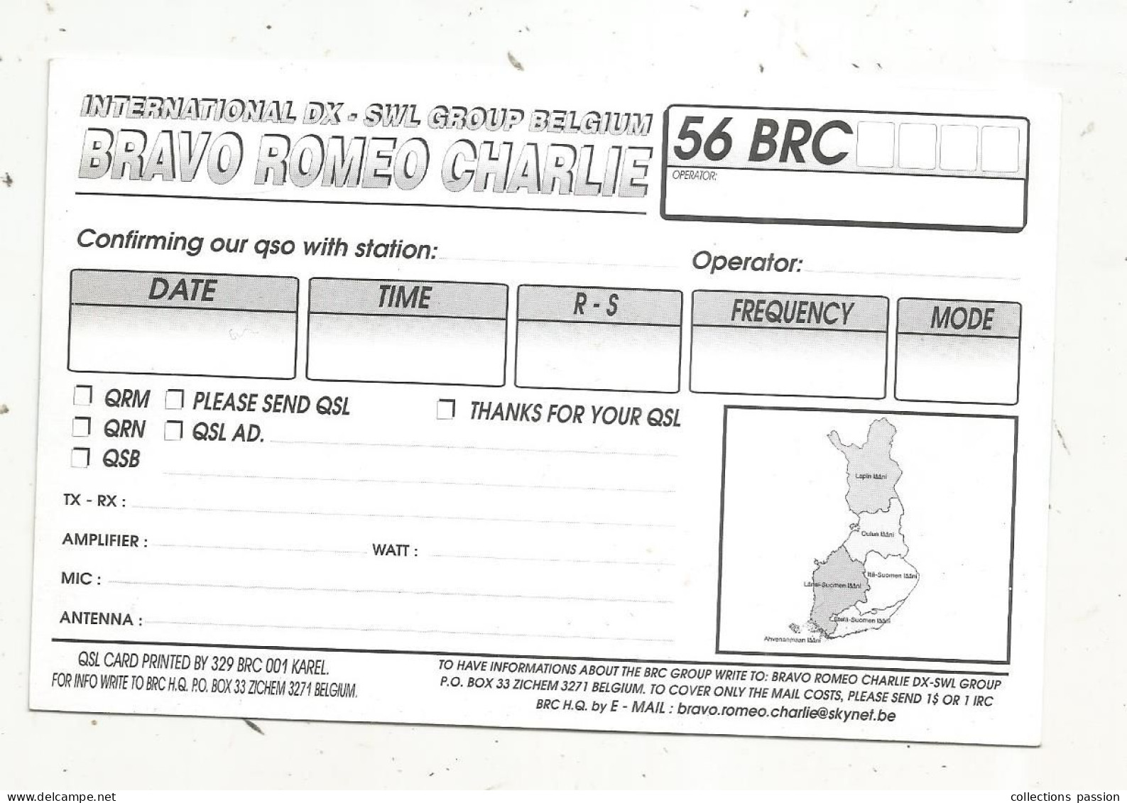 Cp , Carte QSL 4 Pages,  BRAVO ROMEO CHARLIE, International DX - SWL Group Belgium, FINLAND, FINLANDE,  2 Scans - Radio Amateur