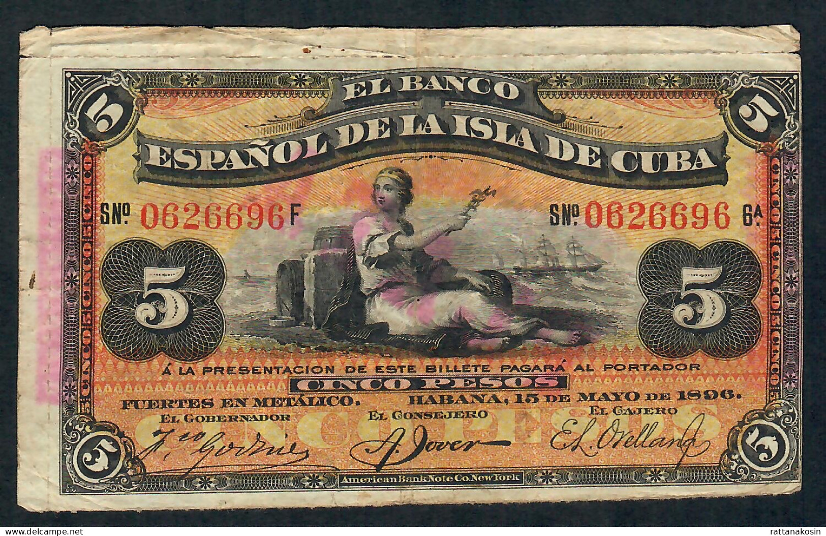 CUBA P48b 5 PESOS 1896  VF - Kuba