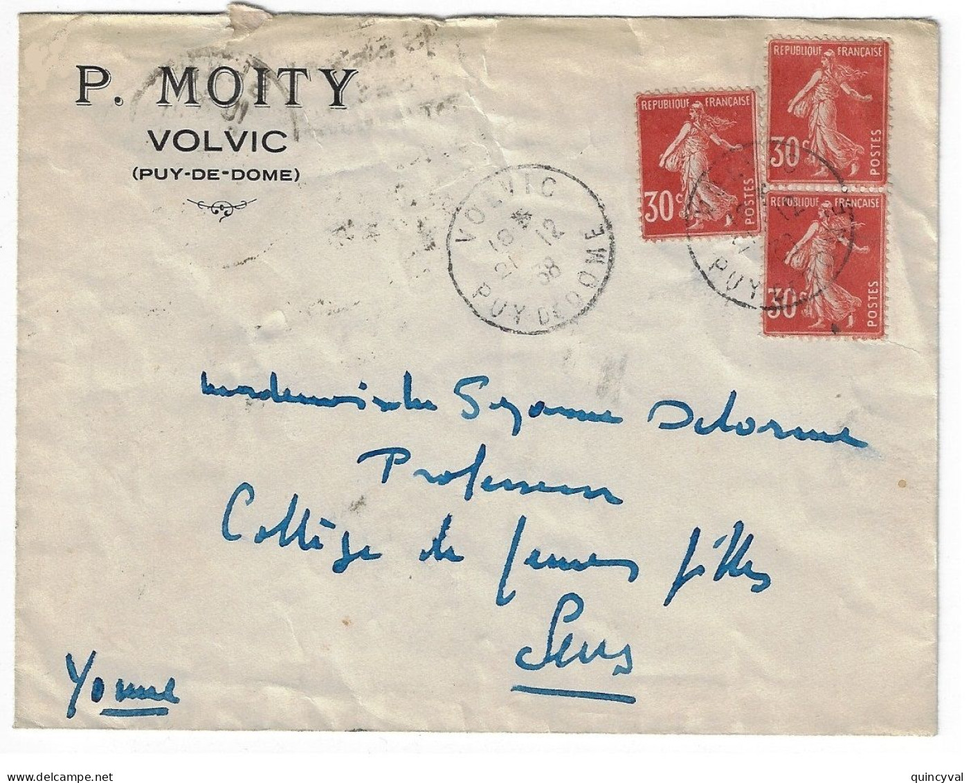 VOLVIC Puy De Dôme Lettre Entête MOITY 30c Semeuse X3 Yv 360 Tf 17 11 1938 - 1921-1960: Periodo Moderno