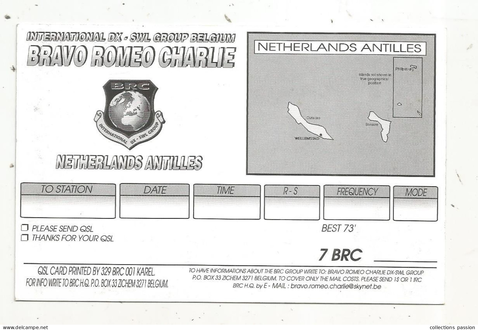 Cp , Carte QSL 4 Pages,  BRAVO ROMEO CHARLIE, International DX - SWL Group Belgium, NETHERLANDS ANTILLES,  2 Scans - Radio Amatoriale