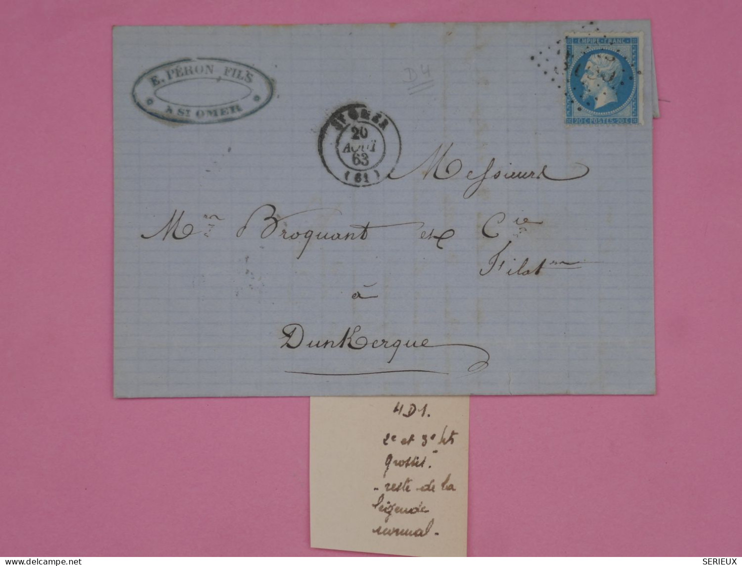 AU 20 FRANCE BELLE LETTRE  1863 VARIETé NAPOLEON  N°22 + ST OMER A DUNKERQUE ++AFFR. INTERESSANT++ - 1862 Napoléon III