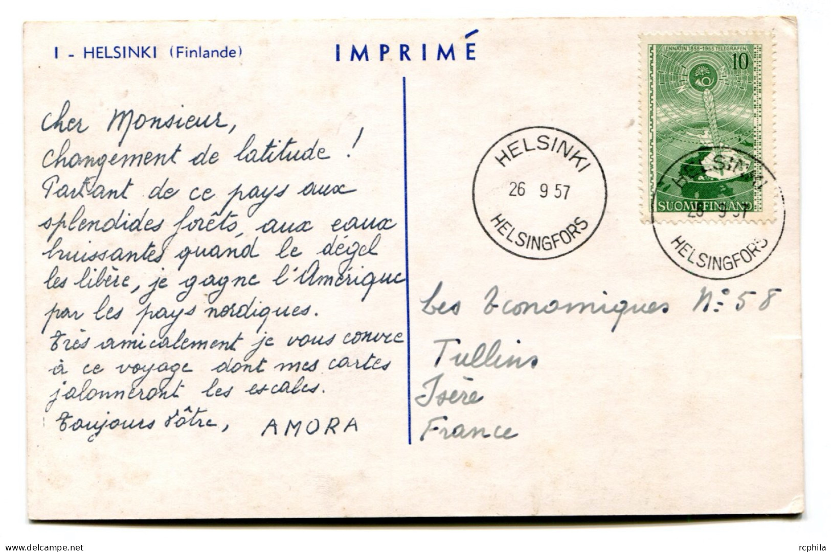 RC 24765 FINLANDE 1957 CROISIERE AMORA CARTE PUBLICITAIRE - DANS LE GRAND NORD HELSINKI - POUR TULLINS ISERE FRANCE - Storia Postale