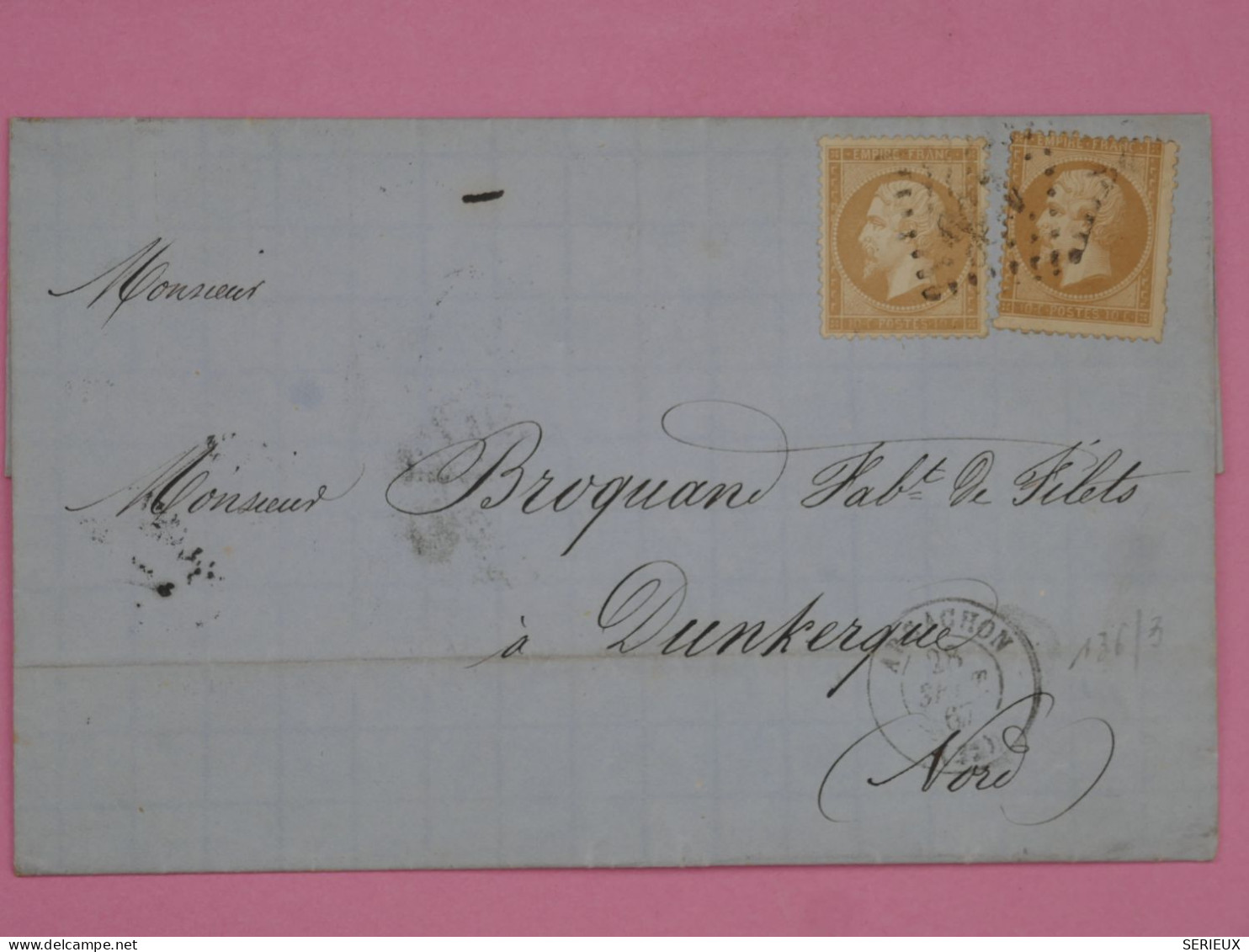 AU 20 FRANCE BELLE LETTRE  1867  2X NAPOLEON  N°21 +ARCACHON   A DUNKERQUE ++AFFR. INTERESSANT++ - 1862 Napoléon III.