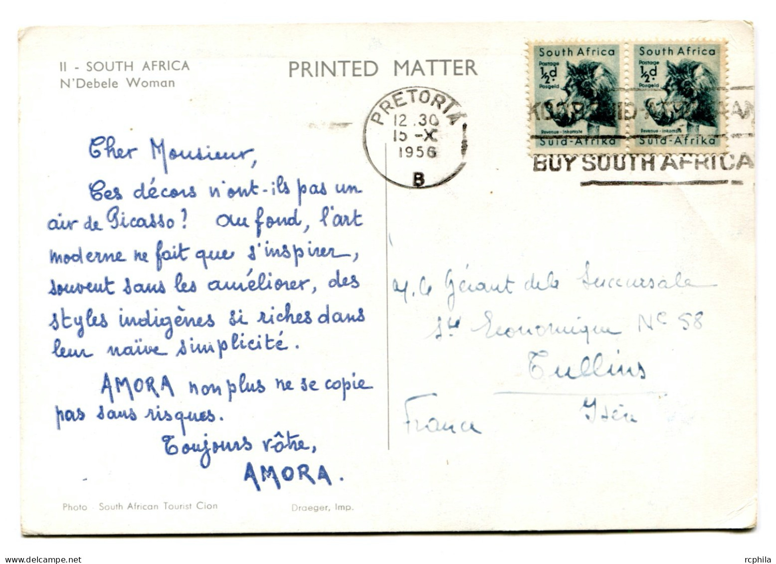RC 24768 AFRIQUE DU SUD 1956 CROISIERE AMORA CARTE PUBLICITAIRE - N'DEBELE WOMAN - POUR TULLINS ISERE FRANCE - Cartas