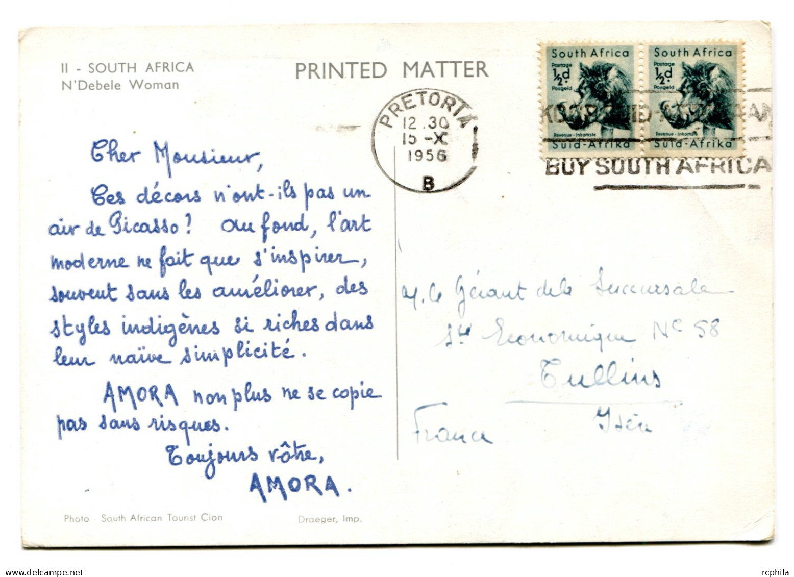 RC 24768 AFRIQUE DU SUD 1956 CROISIERE AMORA CARTE PUBLICITAIRE - N'DEBELE WOMAN - POUR TULLINS ISERE FRANCE - Covers & Documents