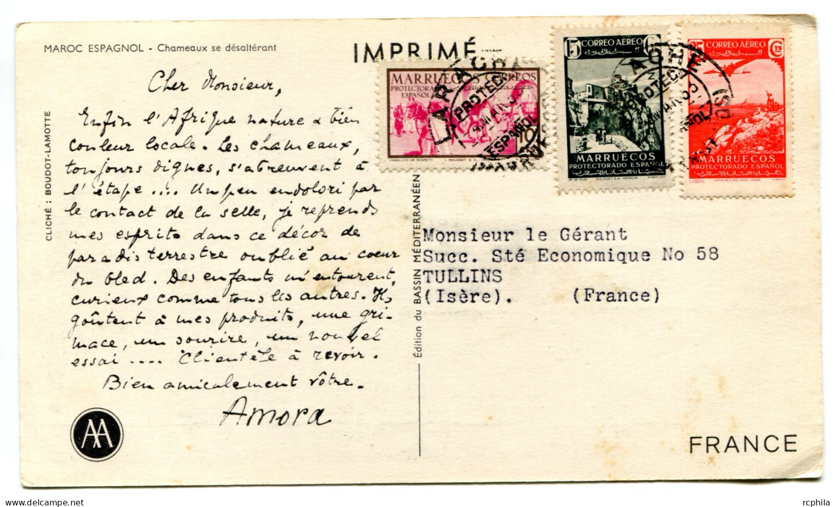 RC 24773 MAROC ESPAGNOL 1953 CROISIERE AMORA CARTE PUBLICITAIRE - CHAMEAUX - POUR TULLINS ISERE FRANCE - Spaans-Marokko