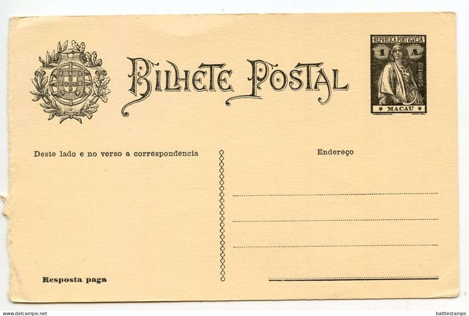 Macau 1910's Mint 1a. Ceres Postal Reply Card Half - Brieven En Documenten
