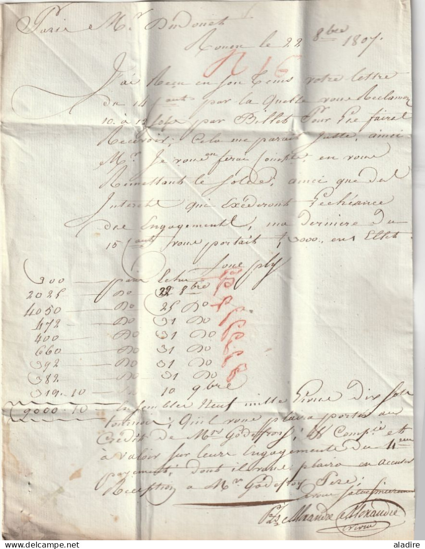 1807 - Marque Postale 74 ROUEN Sur Lettre Pliée Avec Correspondance Vers PARIS - 1801-1848: Précurseurs XIX