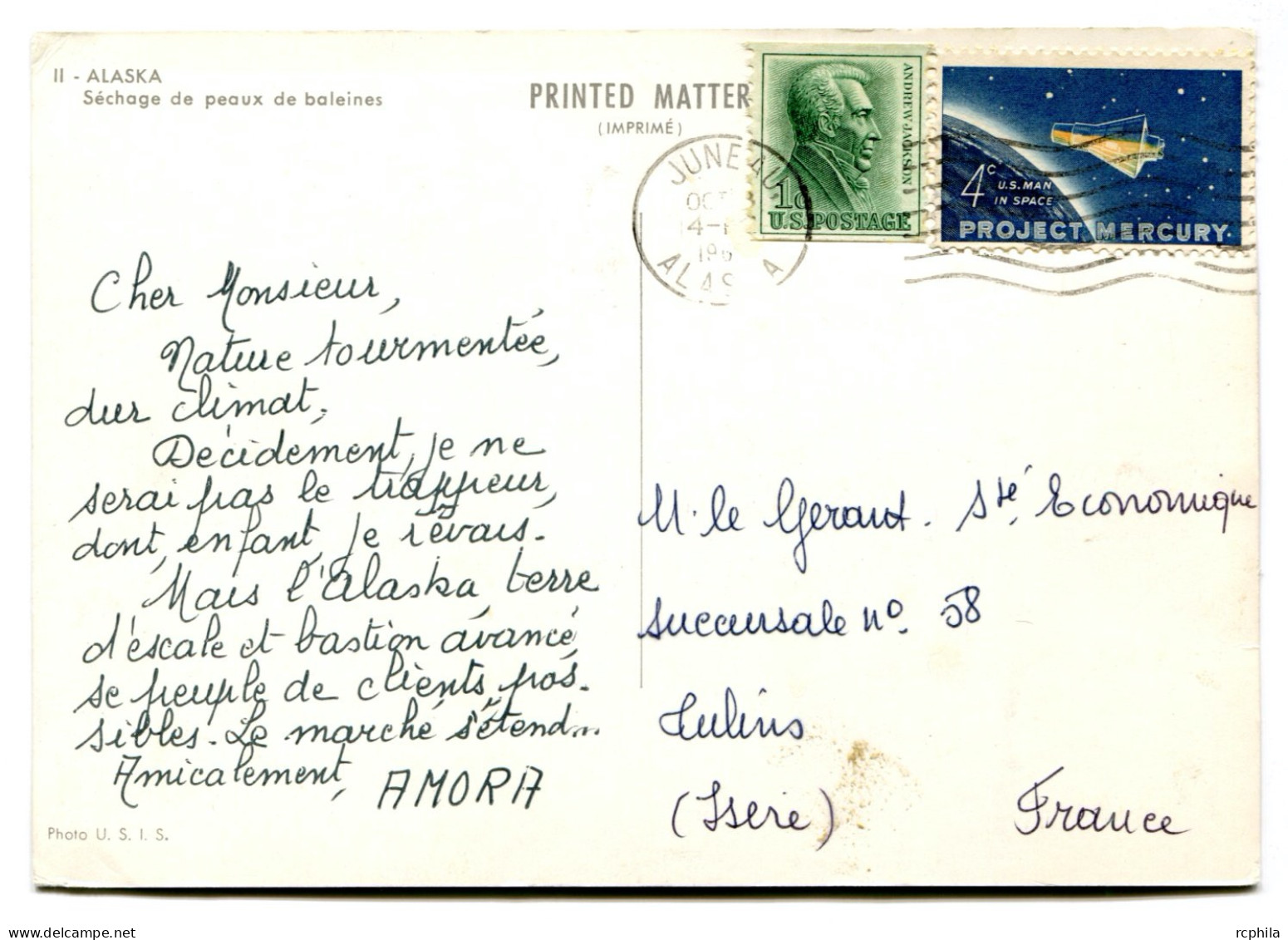 RC 24782 USA CROISIERE AMORA CARTE PUBLICITAIRE - ALASKA PEAUX DE BALEINES - POUR TULLINS ISERE FRANCE - Storia Postale