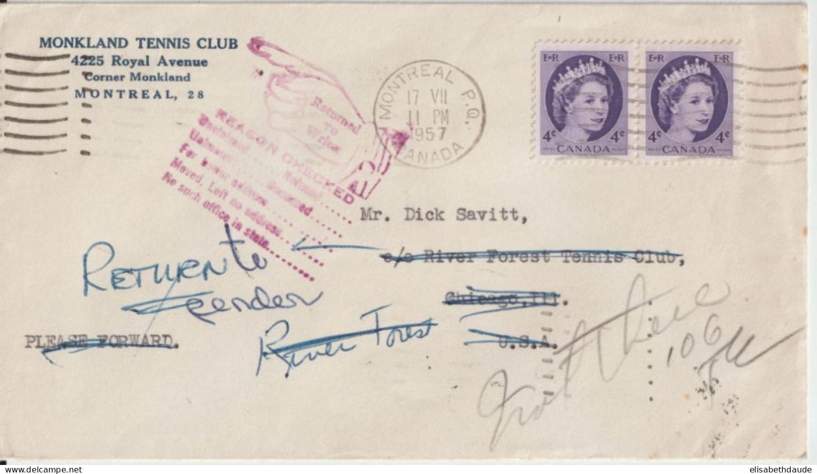 CANADA - 1957 - ENVELOPPE De MONTREAL (QUEBEC) => CHICAGO => RETOUR (RETURN TO SENDER) - Cartas & Documentos