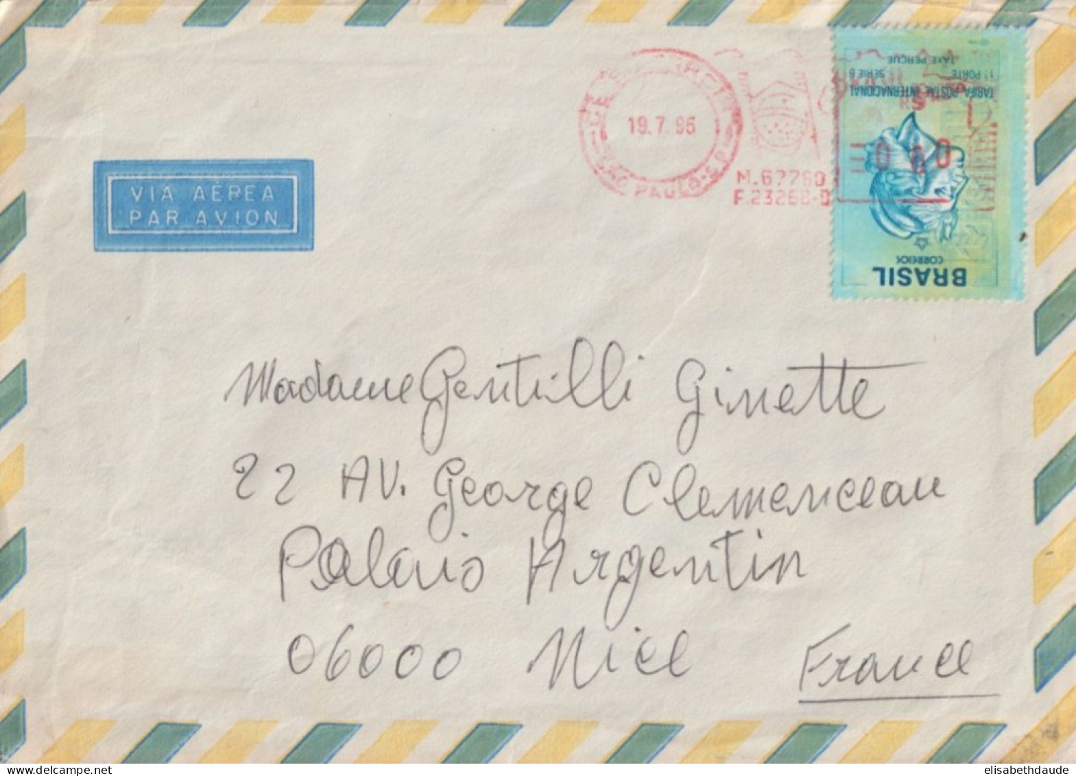 BRESIL - 1995 - EMA (EMPREINTE MACHINE) OBLITERANT LE TIMBRE ! Sur ENVELOPPE De SAO PAULO => NICE - Storia Postale