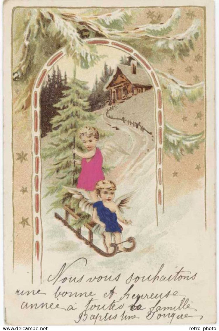 Cpa Fantaisie Angelots à La Neige, Luge, Sapins - Gaufrée - Altri & Non Classificati