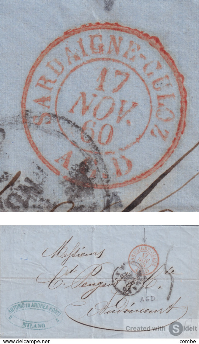 LETTRE. 1860. ANTONIO PONTI. MILANO POUR AUDINCOURT. TAXE 5. SARDAIGNE-CULOZ AGD - Unclassified