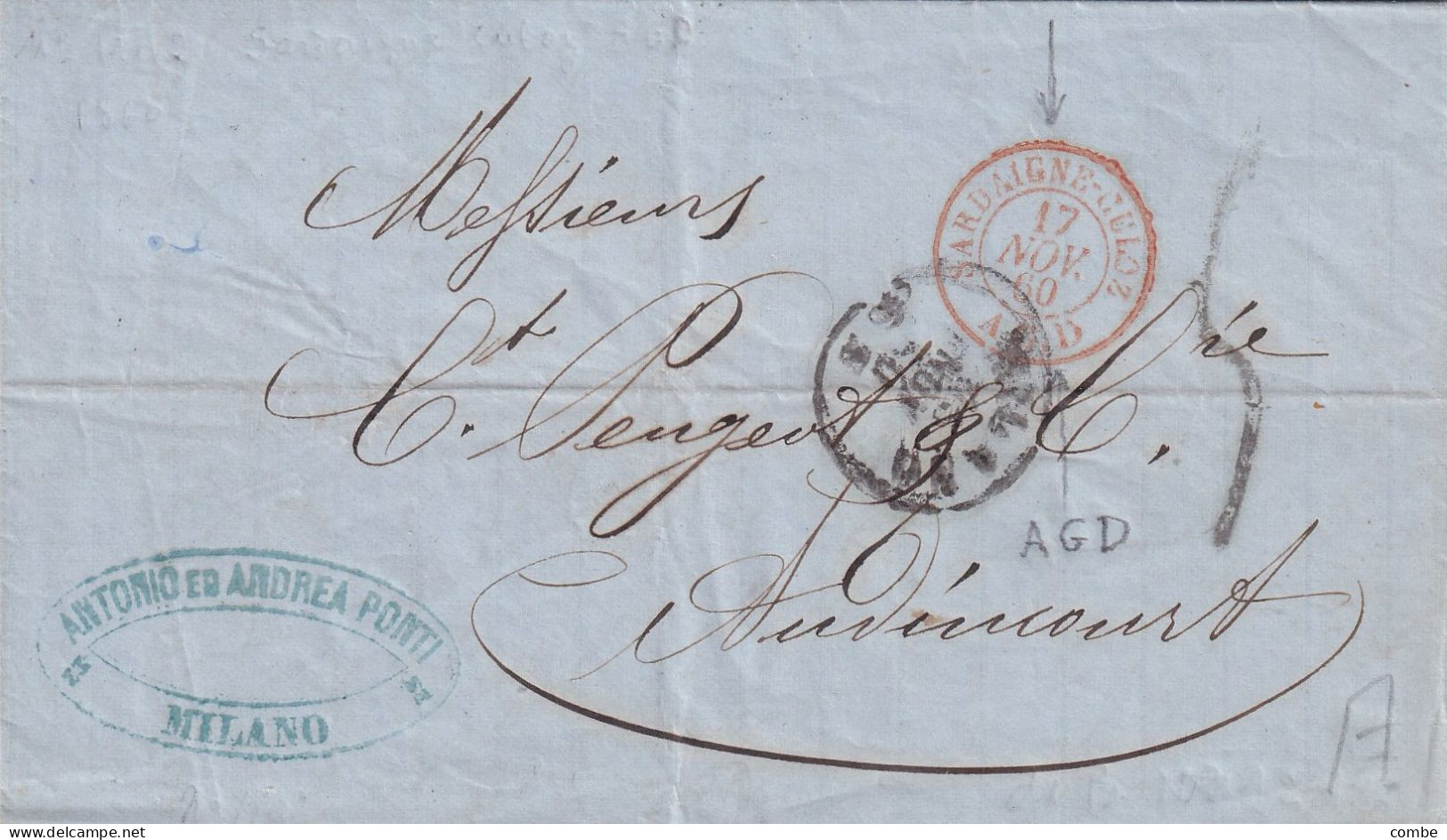 LETTRE. 1860. ANTONIO PONTI. MILANO POUR AUDINCOURT. TAXE 5. SARDAIGNE-CULOZ AGD - Zonder Classificatie