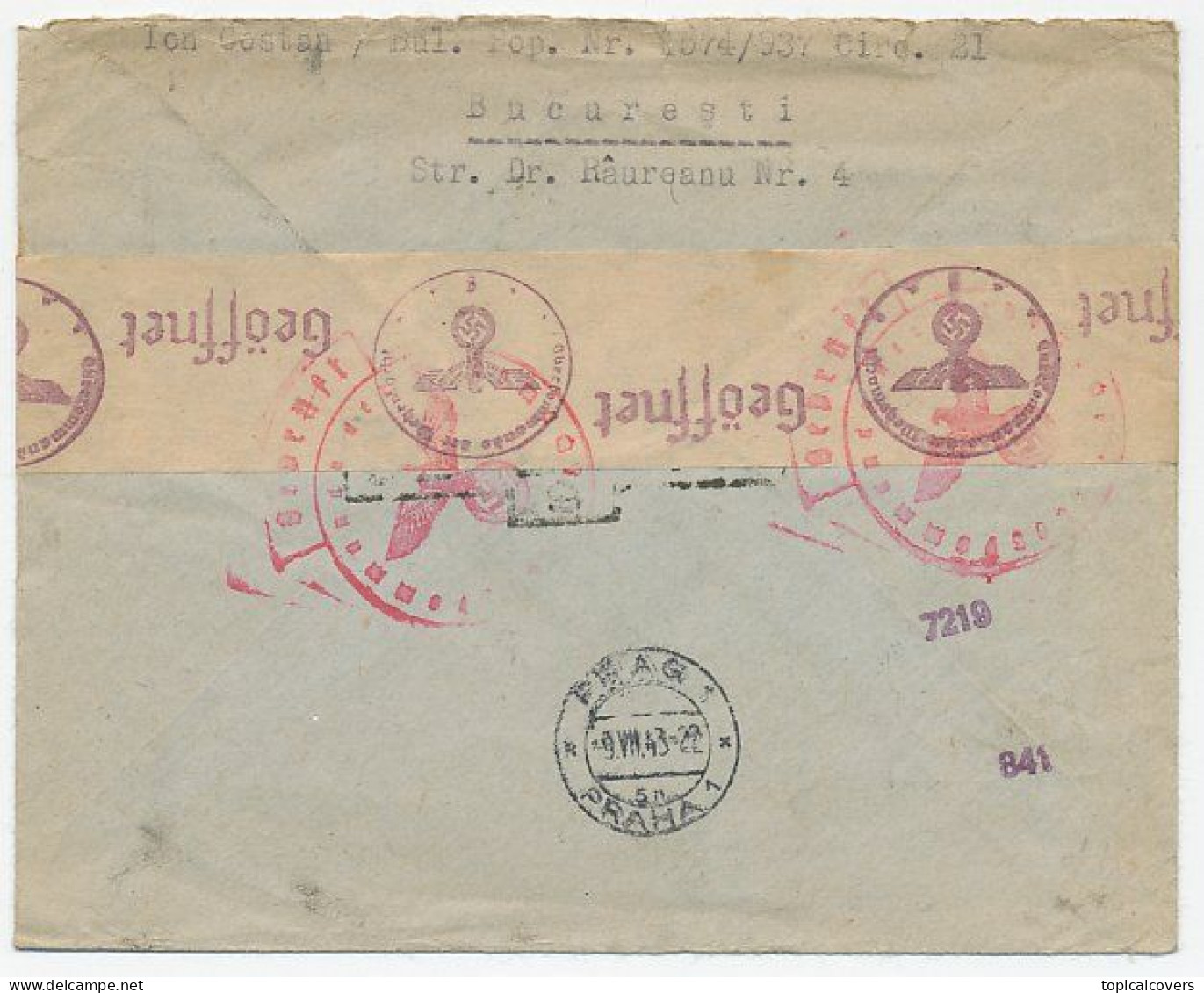 Registered Censored Cover Bucarest Romania - Prague Czechoslovakia 1943 - 2. Weltkrieg (Briefe)