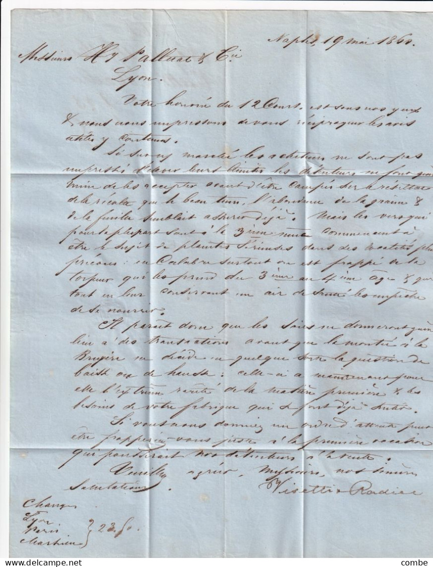 LETTRE. 1860. VISETTI & RADICE. NAPOLI. POUR LYON. TAXE 15. PAR CAPITOLE. DEUX SICILES MARSEILLE 1 - Sicilië