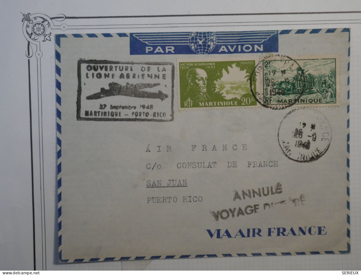 BP14 MARTINIQUE  BELLE LETTRE RR 1948 IER LIAISON AERIENNE  A PUERTO RICO++VOYAGE DIFFéRé+ - Airmail