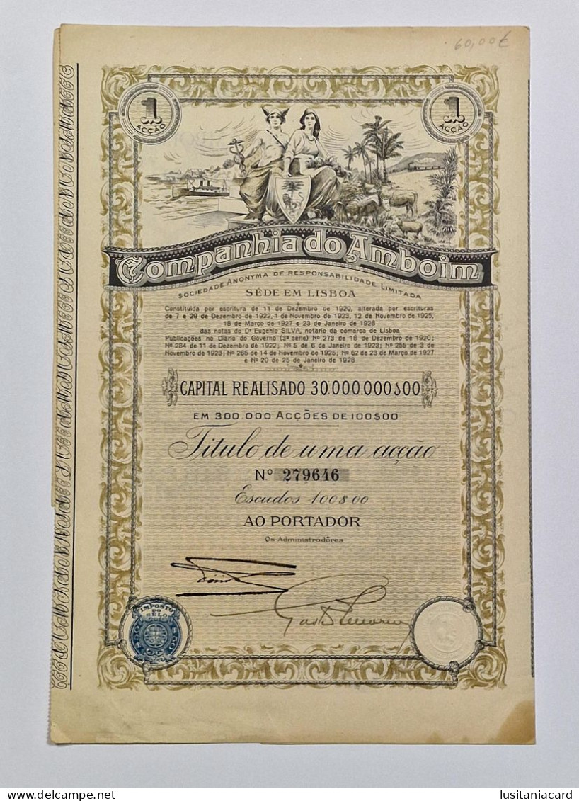 PORTUGAL- LISBOA - Companhia Do Amboim -Titulo De Uma Acção 100$00- Nº 279646 - 11 De Dezembro De 1920 - Navigazione