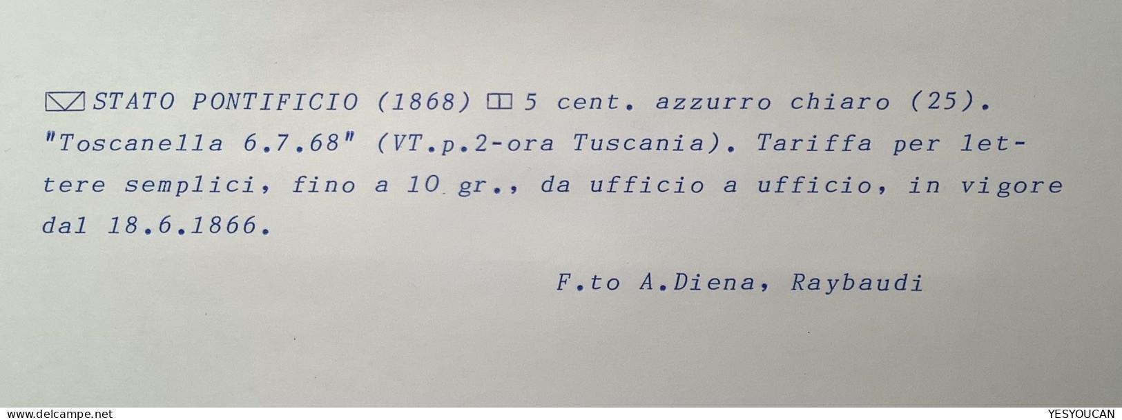 Stato Pontificio Sa.25 SPL ! (EX PROVERA) TOSCANELLA 1868 Lettera>Viterbo (A.Diena Lettre Pontifical States Cover - Kerkelijke Staten