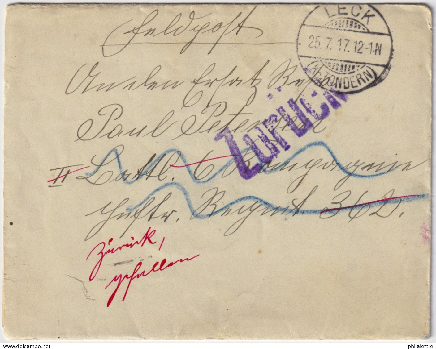 ALLEMAGNE / GERMANY - 1917 Feldpost Letter From LECK To A Soldier - Returned To Sender "ZURÜCK, GEFALLEN" (deceased) - Storia Postale