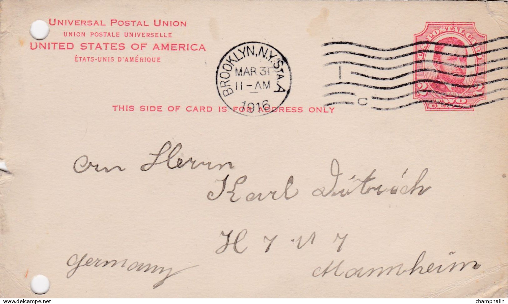 USA - Entier Postal De Brooklyn Pour Mannheim (Allemagne) - 31 Mars 1916 - Préaffranchi 2c Grant - 1 CAD - 1901-20