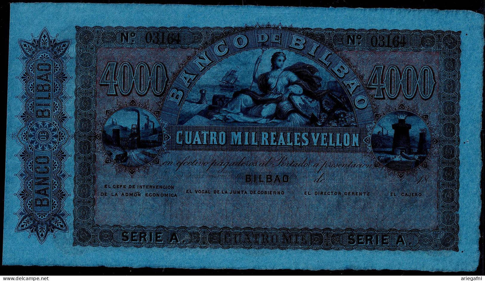 SPAIN 1859 "BANCO DE BILBAO"  4000 REALES S256  VERY RARE!! - Sonstige & Ohne Zuordnung